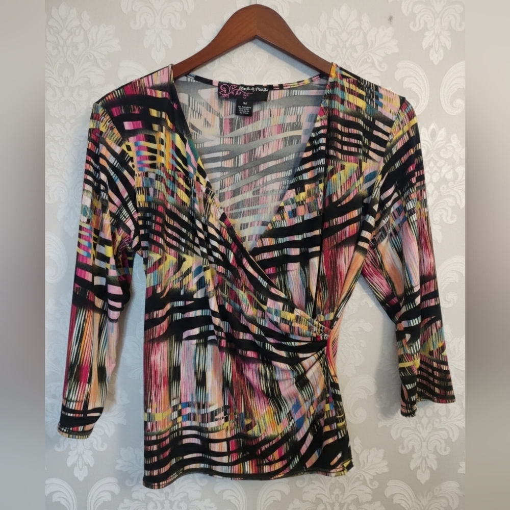 Peck & Peck Multi-Color Abstract Faux-Wrap Top